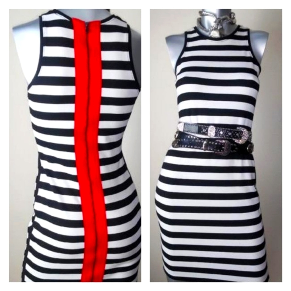 "Rachel Roy" Black/White Pop of Red Fitted Cocktail Party Midi Sleeveless Dress
